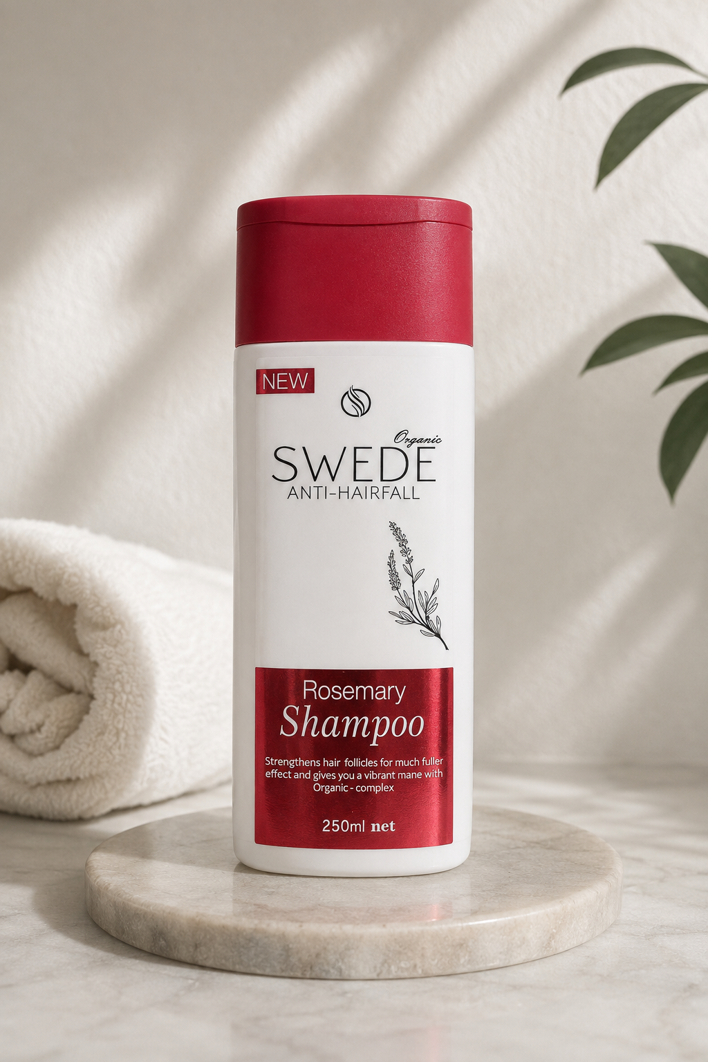 SWEDE Rosemary Anti-Hairfall Shampoo 250ml bottle on marble with linen and soft gold lighting