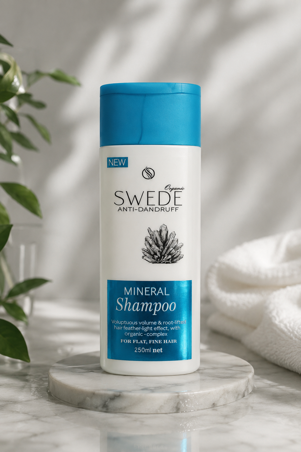SWEDE Mineral Anti-Dandruff Shampoo 250ml bottle on white marble with soft daylight