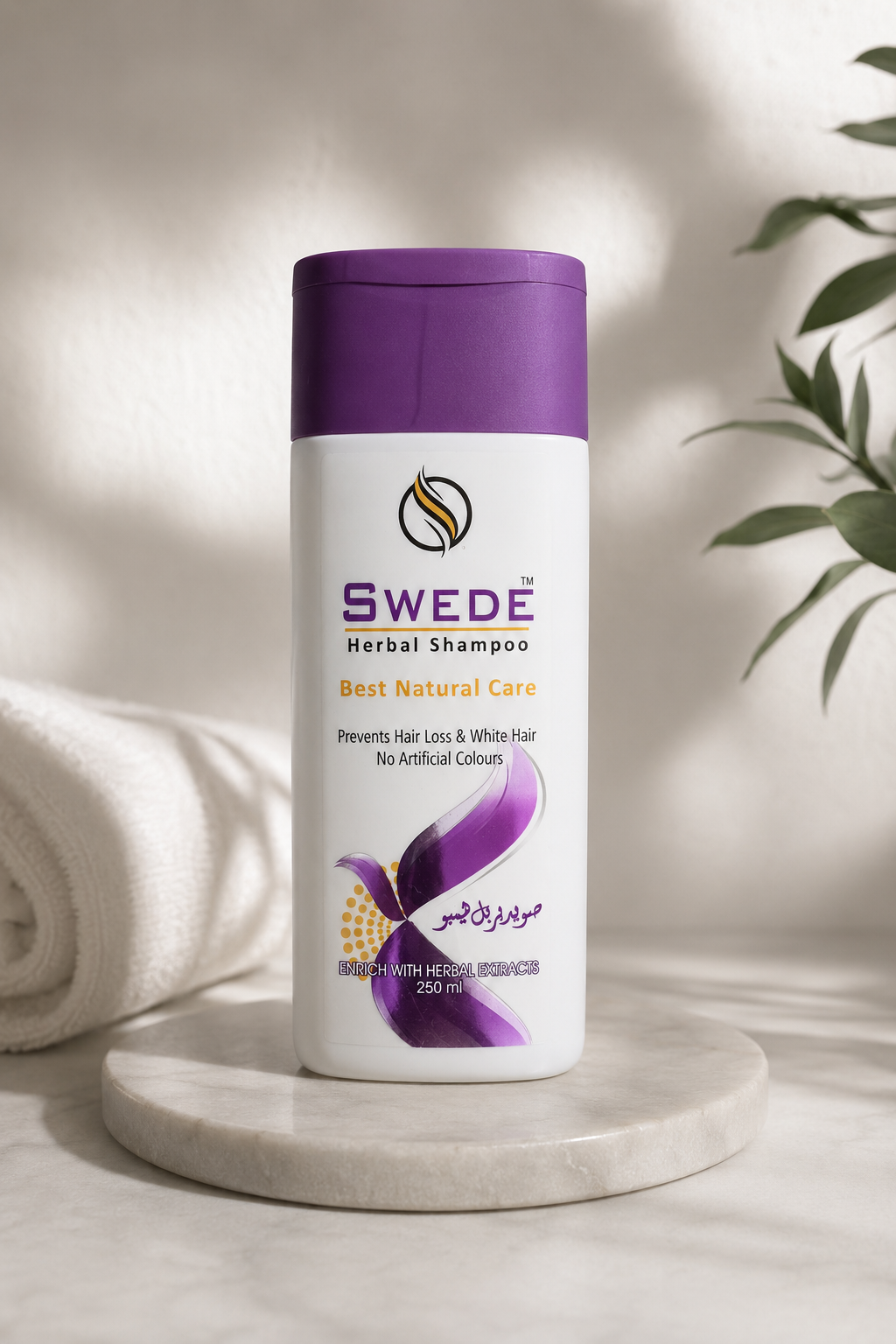 SWEDE Classic Herbal Shampoo 250ml bottle on marble with soft golden light